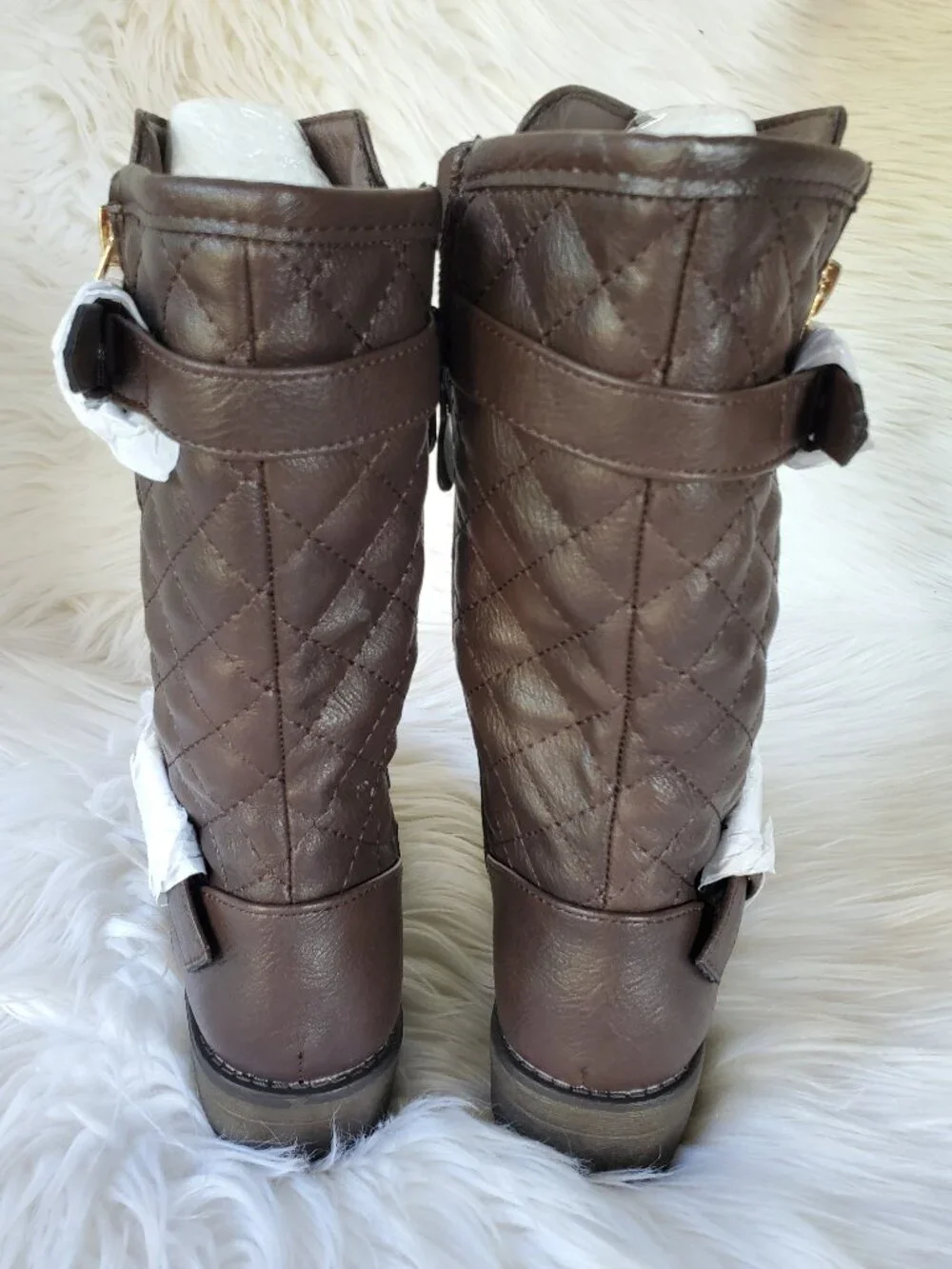 Dream Paris Brown Girl's Mid Calf Quilted Side Panel Buckle Straps Boots SZ 10